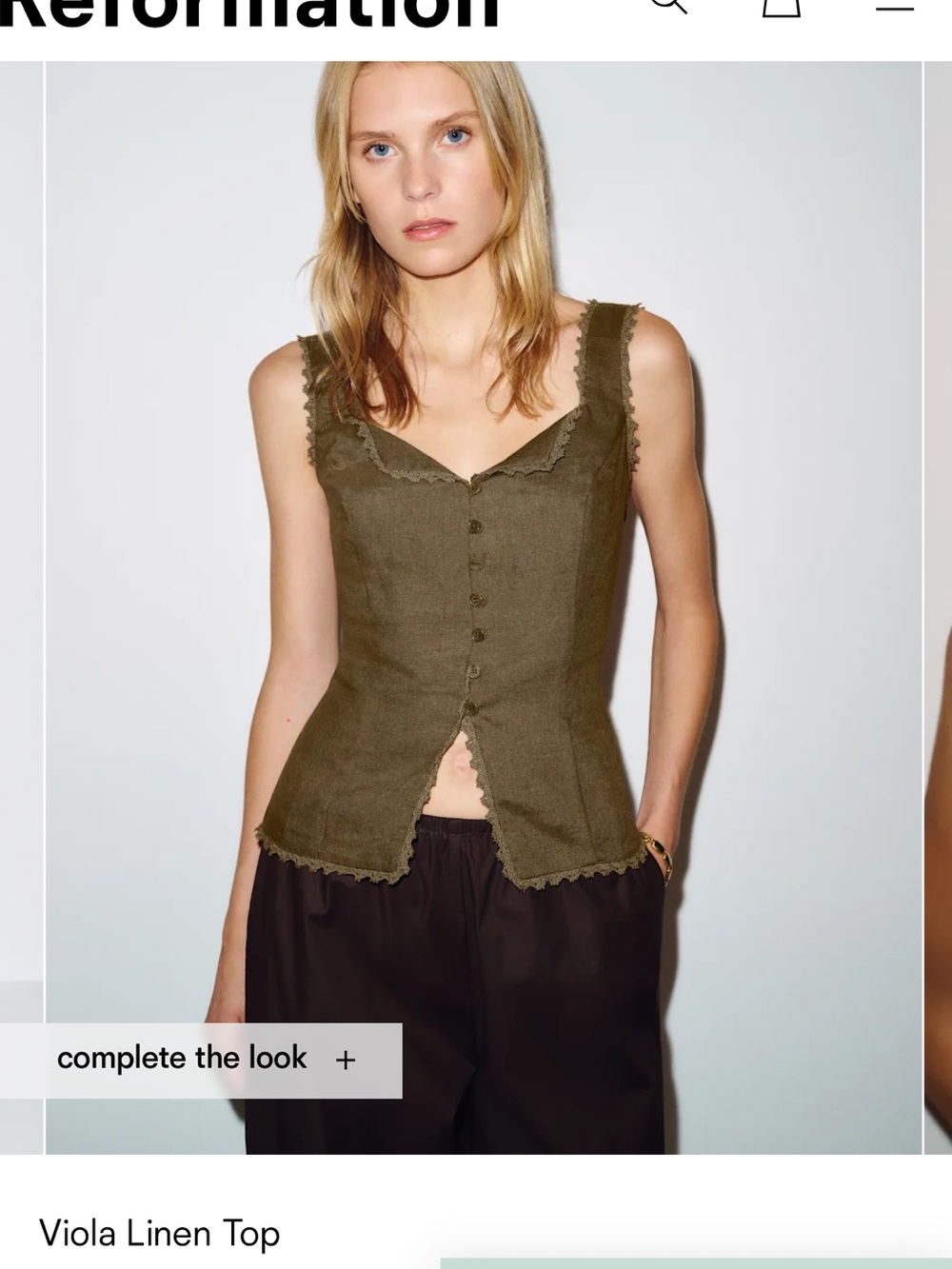 Reformation Viola Linen Top in Olive Green